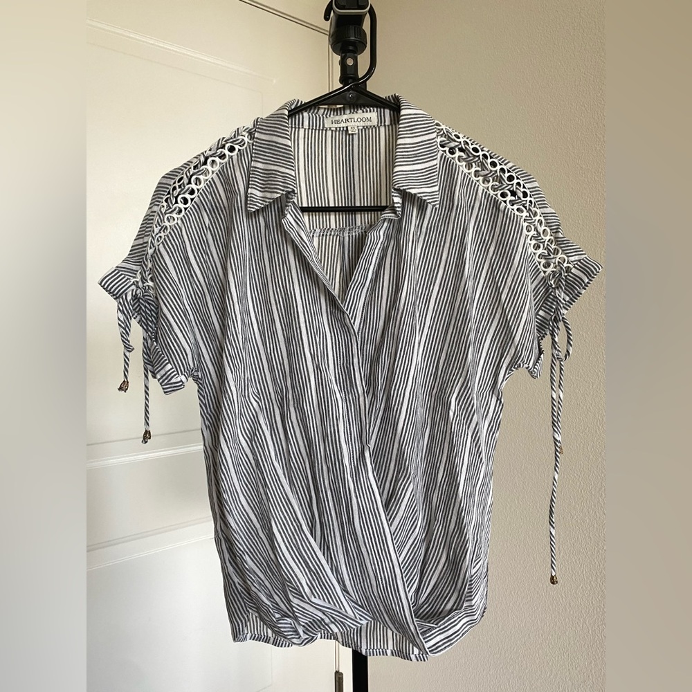 HEARTLOOM blue and white striped blouse with detailing on the shoulders